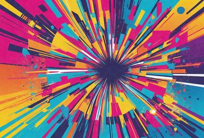 The primary subject of the image is a colorful, abstract artwork featuring a brightly colored, swirling design. The setting is a colorful background, and the visual style is a combination of digital art and illustration. The dominant colors in the artwork are bright and vibrant, creating a lively and energetic atmosphere.