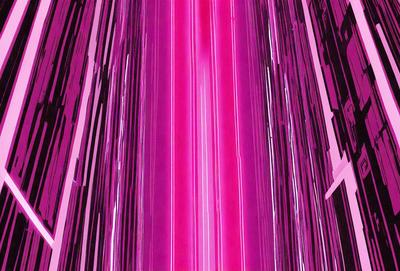 The primary subject of the image is a long, pink, and purple striped object. The setting is a dark room with a pink background. The visual style appears to be a digital art or illustration, as the colors and mood are vibrant and energetic.