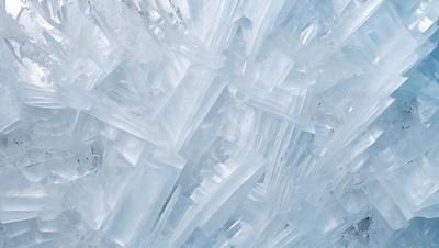 The primary subject of the image is a large, intricate, and colorful crystal formation. The setting is a blue background, which complements the vibrant colors of the crystals. The visual style is a combination of photo and digital art, creating a unique and captivating image. The dominant colors are blue and white, with the blue background and the white crystals creating a serene and calming atmosphere.
