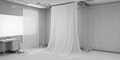 The primary subject of the image is a white curtain hanging in a room. The setting is a white room with a white wall, and the visual style appears to be a photo. The curtain is the main focus of the image, and the overall atmosphere is clean and minimalistic.