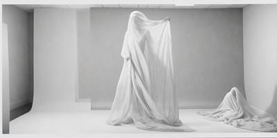 The primary subject of the image is a white sheet or curtain, which is draped over a mannequin. The mannequin is wearing a white sheet or veil, giving the impression of a ghostly figure. The setting is a room with a wall, and the visual style is a combination of photo and digital art. The colors are predominantly white, giving the image a clean and minimalist appearance. The overall mood of the image is mysterious and intriguing.