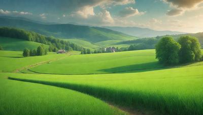The primary subject of the image is a lush green field with a dirt road running through it. The setting is a picturesque countryside with a mountain range in the background. The visual style is a photo, capturing the natural beauty of the landscape. The colors and mood are predominantly green, conveying a sense of tranquility and serenity.