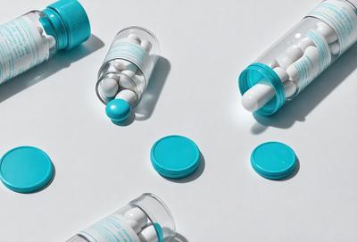 The primary subject of the image is a collection of small, clear plastic containers filled with white pills. These containers are arranged on a white surface, which serves as the background. The visual style of the image is a close-up of the containers, showcasing the pills inside. The colors and mood of the image are predominantly white, giving it a clean and sterile appearance.