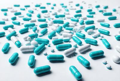 The primary subject of the image is a large number of blue pills, which are scattered across a white surface. The setting appears to be a white background, and the visual style is a close-up of the pills. The dominant colors in the image are blue and white, creating a clean and professional appearance. The overall atmosphere of the image is focused and organized, with the pills being the main subject.
