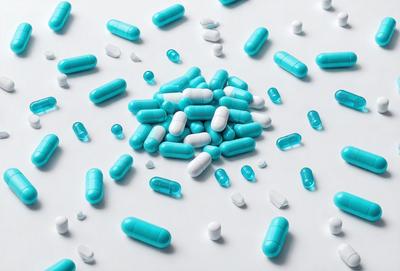 The primary subject of the image is a pile of blue and white pills. The pills are scattered across a white surface, creating a visually appealing and colorful display. The setting appears to be a clean and organized environment, possibly a medical facility or a pharmacy. The visual style of the image is a close-up of the pills, emphasizing their vibrant colors and unique shapes. The overall atmosphere of the image is one of cleanliness and organization, with the pills being the main focus of