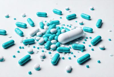 The primary subject of the image is a pile of pills, which are scattered across a white surface. The setting appears to be a table or countertop. The visual style of the image is a close-up of the pills, showcasing their colors and details. The colors and mood of the image are predominantly white and blue, giving it a clean and soothing appearance.