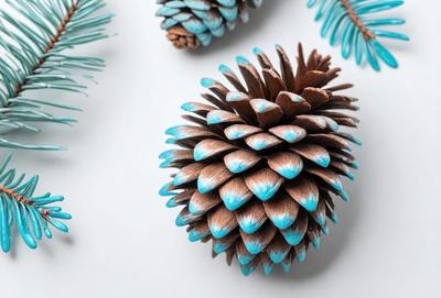 The primary subject of the image is a blue and brown pine cone. The setting is a white background, and the visual style is a close-up of the pine cone. The colors and mood of the image are predominantly blue and brown, with a natural and earthy atmosphere.