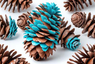 The primary subject of the image is a group of blue and brown pine cones. The setting is a white background, and the visual style appears to be a photo of the pine cones. The colors and mood of the image are predominantly blue and brown, creating a natural and earthy atmosphere.