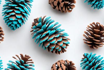 The primary subject of the image is a group of blue and brown pine cones. The setting is a white background, which provides a clean and minimalist look. The visual style is a close-up of the pine cones, showcasing their unique colors and textures. The dominant colors are blue and brown, creating a calm and natural atmosphere.
