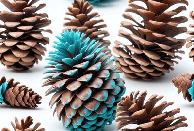 The primary subject of the image is a group of pine cones, which are the main objects in the scene. The setting is a white surface, and the visual style appears to be a combination of photo and digital art. The colors in the image are predominantly blue and brown, creating a natural and earthy atmosphere.