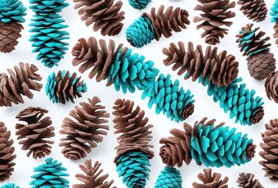 The primary subject of the image is a collection of pine cones, which are the main objects in the scene. The setting is a white background, and the visual style is a pattern of pine cones arranged in a visually appealing manner. The colors and mood of the image are predominantly blue, giving it a calm and serene atmosphere.