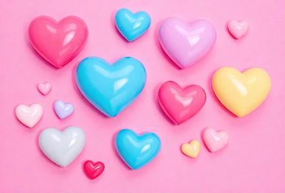 The primary subject of the image is a collection of various colored heart-shaped objects, which are likely made of plastic. These hearts are arranged on a pink background, creating a visually appealing and playful scene. The hearts come in different colors, including blue, pink, yellow, and white, adding a sense of variety and vibrancy to the image. The overall atmosphere of the image is cheerful and lighthearted, as the hearts are arranged in a way that suggests a celebration or a display of