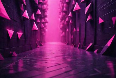 The primary subject of the image is a long, narrow hallway with a pinkish hue. The setting is a brick wall, and the visual style appears to be a combination of photo and digital art. The dominant colors are pink and purple, creating a warm and inviting atmosphere.