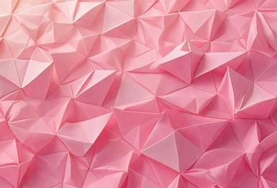 The primary subject of the image is a large pink surface covered with a pattern of folded paper. The setting appears to be a room with a pink background. The visual style of the image is a combination of photo and digital art, creating a unique and intriguing appearance. The dominant colors in the image are pink and white, giving the scene a warm and inviting atmosphere.