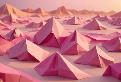 The primary subject of the image is a large number of pink triangles, which are arranged in a pattern on a surface. The setting appears to be a desert-like environment, with a pinkish hue to the landscape. The visual style of the image is a combination of digital art and illustration, creating a unique and eye-catching design. The colors and mood of the image are predominantly pink, giving it a warm and inviting atmosphere.