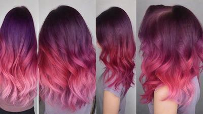 The image features a woman with long, pink hair. She is wearing a purple shirt and has a pink and purple hairstyle. The image is a collage of three different shots of the woman, showcasing her hair and outfit in various poses. The woman appears to be the primary subject of the image, and her unique hairstyle and clothing make her stand out. The setting is indoors, and the visual style is a combination of photos and illustrations. The colors and