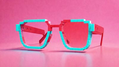 The primary subject of the image is a pair of colorful, geometric glasses. The glasses are made of red and blue plastic, giving them a unique and eye-catching appearance. The setting is a pink background, which complements the vibrant colors of the glasses. The visual style of the image is a combination of digital art and illustration, creating a fun and playful atmosphere. The dominant colors in the image are red, blue, and pink, which together create a lively and energetic