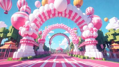 The primary subject of the image is a large, colorful balloon archway. The archway is made up of numerous balloons, creating a vibrant and eye-catching display. The setting is a street with a carousel nearby, adding to the festive atmosphere. The visual style of the image is digital art, with the balloons and archway appearing as a creative and artistic design. The colors and mood of the image are predominantly pink and cheerful, reflecting a joy
