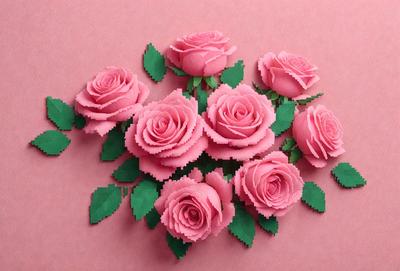 The primary subject of the image is a bouquet of pink roses. The setting is a pink background, which adds a warm and romantic atmosphere to the scene. The visual style is a combination of digital art and illustration, creating a realistic and detailed representation of the roses. The colors and mood of the image are predominantly pink, which symbolizes love, affection, and admiration.