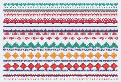 The image features a colorful, patterned design with a mix of red, green, and yellow colors. The primary subject is a close-up of the pattern, showcasing the intricate details and vibrant hues. The setting is a white background, which allows the pattern to stand out prominently. The visual style is a combination of digital art and illustration, creating a lively and engaging atmosphere.