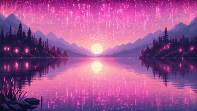 The primary subject of the image is a serene mountain lake at sunset. The setting is a beautiful, tranquil environment with mountains in the background. The visual style is a digital art or illustration, creating a vibrant and luminous atmosphere. The dominant colors are pink, purple, and orange, which evoke a sense of warmth and serenity.