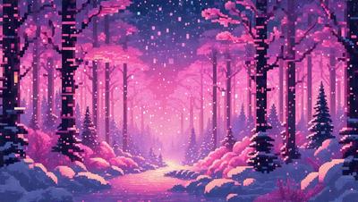 The primary subject of the image is a snowy forest with pink trees and a pathway. The setting is a wintery landscape with snow-covered trees and a pink sky. The visual style is a digital art or illustration, creating a whimsical and magical atmosphere. The dominant colors are pink and white, with the pink trees adding a unique touch to the scene.