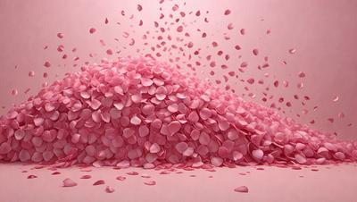 The primary subject of the image is a large pile of pink petals, which are scattered across the ground. The setting is a pink background, which adds to the overall mood of the scene. The visual style of the image is a combination of photo and digital art, creating a unique and eye-catching display. The dominant colors in the image are pink, which gives the scene a warm and inviting atmosphere.