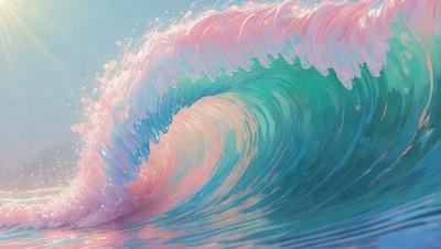 The primary subject of the image is a large, colorful wave with a pink and blue hue. The wave is breaking, creating a dynamic and vibrant scene. The setting is the ocean, with the wave crashing against the water. The visual style of the image is a combination of digital art and illustration, giving it a unique and artistic appearance. The dominant colors in the image are pink and blue, creating a lively and energetic atmosphere.