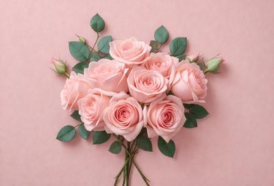 The primary subject of the image is a bouquet of pink roses. The setting is a pink background, which adds a warm and romantic atmosphere to the scene. The visual style is a close-up of the bouquet, showcasing the details of the flowers. The colors and mood of the image are predominantly pink, creating a sense of love and affection.