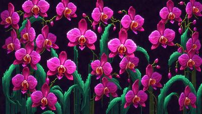 The primary subject of the image is a group of pink flowers, which are the main objects in the scene. The flowers are arranged in a visually appealing manner, creating a sense of beauty and harmony. The setting is a dark background, which contrasts with the vibrant pink color of the flowers, making them stand out even more. The visual style of the image is a combination of digital art and illustration, as the flowers are depicted in a detailed and realistic manner. The colors and mood of the