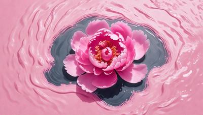 The primary subject of the image is a pink flower floating in a pink water. The setting is a pink water surface, which creates a unique and visually striking environment. The visual style of the image is a combination of photo and digital art, giving it a surreal and artistic appearance. The dominant colors in the image are pink and purple, creating a serene and calming atmosphere.