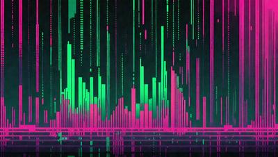 The primary subject of the image is a colorful, digital art piece featuring a series of green and pink lines. The setting is a dark background, which contrasts with the vibrant colors of the lines. The visual style is a combination of digital art and illustration, creating a unique and eye-catching pattern. The colors and mood of the image are predominantly green and pink, giving it a lively and energetic atmosphere.