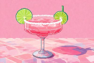 The primary subject of the image is a glass filled with a pink drink, which appears to be a margarita. The drink is garnished with lime wedges, giving it a refreshing and summery appearance. The setting is a dining table, and the visual style is a combination of photo and digital art, creating a vibrant and colorful scene. The dominant colors are pink and green, giving the image a cheerful and inviting atmosphere.