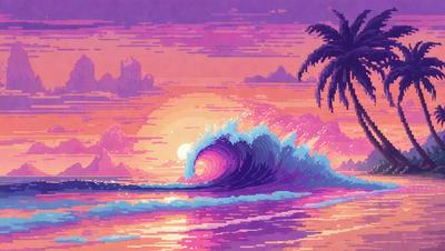 The image features a large wave crashing onto a beach, with a sunset in the background. The scene is set against a purple sky, creating a vibrant and colorful atmosphere. The visual style of the image is a combination of digital art and illustration, giving it a unique and artistic appearance. The primary subject of the image is the powerful wave, while the setting and background include the beach and the sunset.