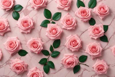 The primary subject of the image is a group of pink roses. They are arranged in a pattern on a pink marble surface, creating a visually appealing and elegant display. The setting is a pink marble countertop, which adds a touch of luxury and sophistication to the scene. The visual style of the image is a close-up of the roses, allowing the viewer to appreciate the details of the flowers and their arrangement. The colors and mood of the image are predominantly p