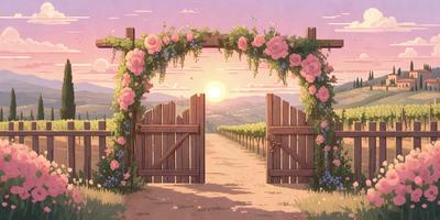 The primary subject of the image is a wooden gate with a vine-covered archway. The gate is open, and the setting is a picturesque countryside with a beautiful sunset in the background. The visual style is an illustration, and the colors and mood are warm and inviting.