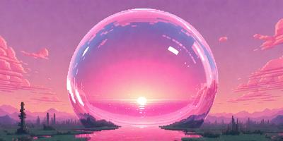 The primary subject of the image is a large, pink, glass-like ball that is floating in the air. The setting is a beautiful sunset, with the sun peeking through the clouds. The visual style is a digital art or illustration, creating a unique and captivating scene. The colors and mood of the image are predominantly pink, which adds a sense of warmth and serenity to the scene.