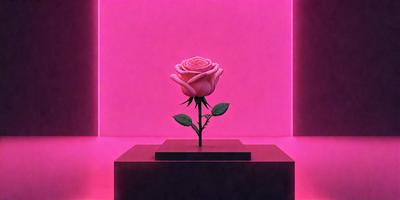 The primary subject of the image is a single pink rose, which is prominently displayed in the foreground. The setting is a pink background, which creates a visually striking contrast with the rose. The visual style of the image is a digital art or illustration, as it is a detailed and well-rendered depiction of the rose. The colors and mood of the image are predominantly pink, creating a warm and inviting atmosphere.