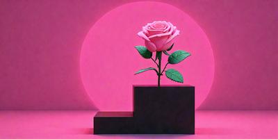 The primary subject of the image is a single pink rose, which is placed on a black square or block. The setting is a pink background, which adds a warm and vibrant atmosphere to the scene. The visual style appears to be a combination of digital art and illustration, creating a unique and eye-catching composition. The colors and mood of the image are predominantly pink, which evokes feelings of love, romance, and warmth.