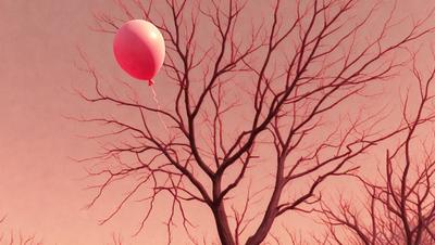 The primary subject of the image is a pink balloon floating in the air near a tree. The setting is a tree with bare branches, and the visual style appears to be a painting or drawing. The colors in the image are predominantly red and pink, creating a warm and inviting atmosphere.