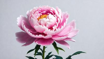 The primary subject of the image is a large, pink flower with white petals. The flower is prominently displayed in the foreground, with a white background behind it. The visual style of the image is a close-up, digital art of the flower, showcasing its intricate details. The dominant colors in the image are pink and white, creating a soft and delicate atmosphere.