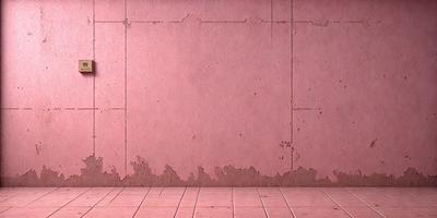 The primary subject of the image is a pink wall with a peeling paint surface. The setting is a room with a pink floor, and the visual style is a photo. The colors and mood of the image are predominantly pink, giving it a warm and inviting atmosphere.