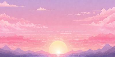 The primary subject of the image is a beautiful sunset over the ocean. The sun is setting behind the mountains, creating a stunning backdrop. The visual style of the image is a combination of digital art and illustration, giving it a unique and artistic appearance. The colors and mood of the image are predominantly warm and serene, with the vibrant hues of the sunset and the calmness of the ocean creating a peaceful atmosphere.