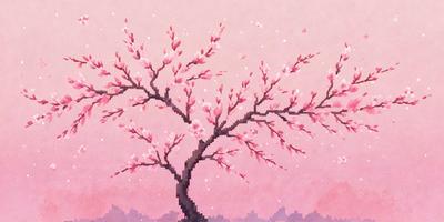 The primary subject of the image is a tree with pink flowers. The tree is surrounded by a pink sky, creating a serene and peaceful atmosphere. The visual style of the image is a combination of digital art and illustration, with the pink flowers and sky giving the scene a vibrant and lively appearance.
