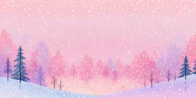 The primary subject of the image is a snowy landscape with trees and a sky background. The setting is a winter scene with snow covering the ground and trees. The visual style is a watercolor painting, giving the image a soft and delicate appearance. The dominant colors are shades of pink, purple, and white, creating a serene and peaceful atmosphere.