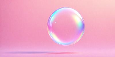 The primary subject of the image is a large, colorful bubble floating on a pink surface. The bubble appears to be made of soap, and it is the main focus of the image. The setting is a pink background, which adds to the overall atmosphere of the scene. The visual style of the image is a close-up of the bubble, showcasing its vibrant colors and intricate texture.
