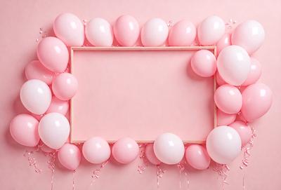 The primary subject of the image is a pink frame with balloons. The setting is a pink background, and the visual style is a photo. The colors and mood of the image are predominantly pink, creating a warm and cheerful atmosphere.