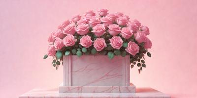 The primary subject of the image is a large bouquet of pink roses arranged in a vase. The setting is a pink background, which adds a warm and inviting atmosphere to the scene. The visual style is a combination of photo and digital art, creating a realistic yet artistic representation of the roses. The colors and mood of the image are predominantly pink, which symbolizes love, affection, and warmth.