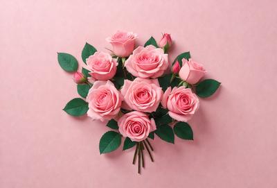 The primary subject of the image is a bouquet of pink roses. The setting is a pink background, which adds a warm and romantic atmosphere to the scene. The visual style is a close-up of the bouquet, showcasing the details of the flowers. The colors and mood of the image are predominantly pink, creating a sense of love and affection.