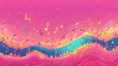 The primary subject of the image is a colorful and vibrant musical note. The setting is a pink background, which adds a warm and lively atmosphere to the scene. The visual style is a combination of digital art and illustration, creating a unique and eye-catching design. The colors and mood of the image are predominantly pink, which evokes feelings of happiness and positivity.